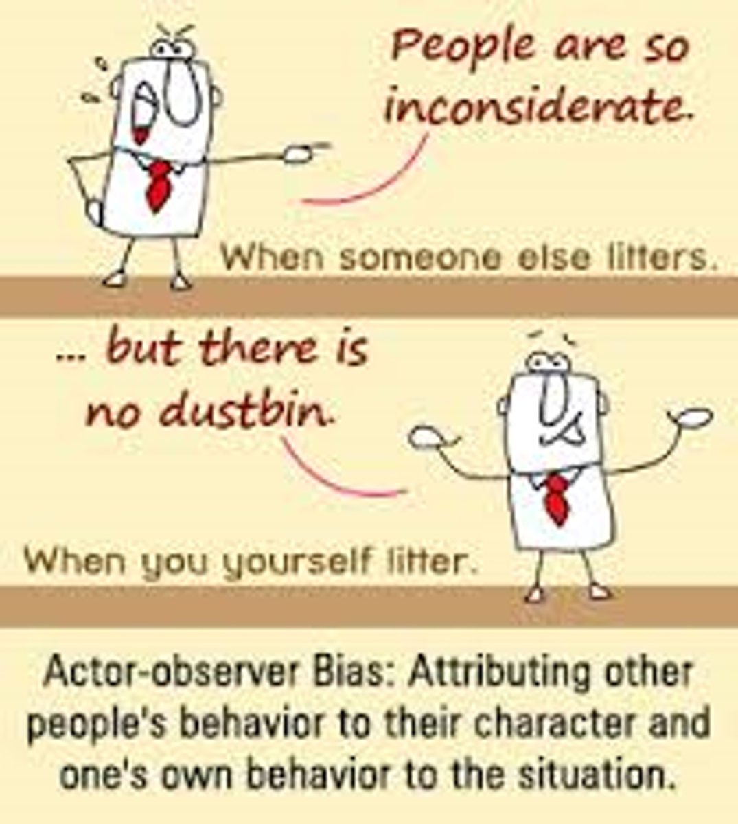 <p>the tendency to attribute the behavior of others to internal causes, while attributing our own behavior to external causes</p>