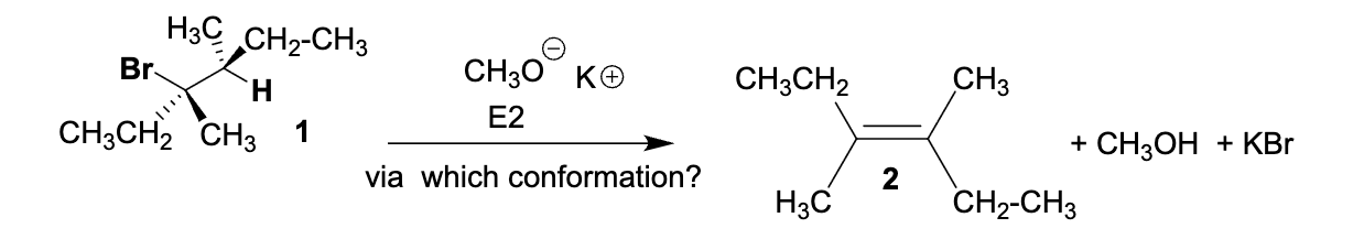 <p>Which one of the following Newman projections will lead to the E2 elimination reaction of compound 1 to form 2 (E stereoisomer). </p>
