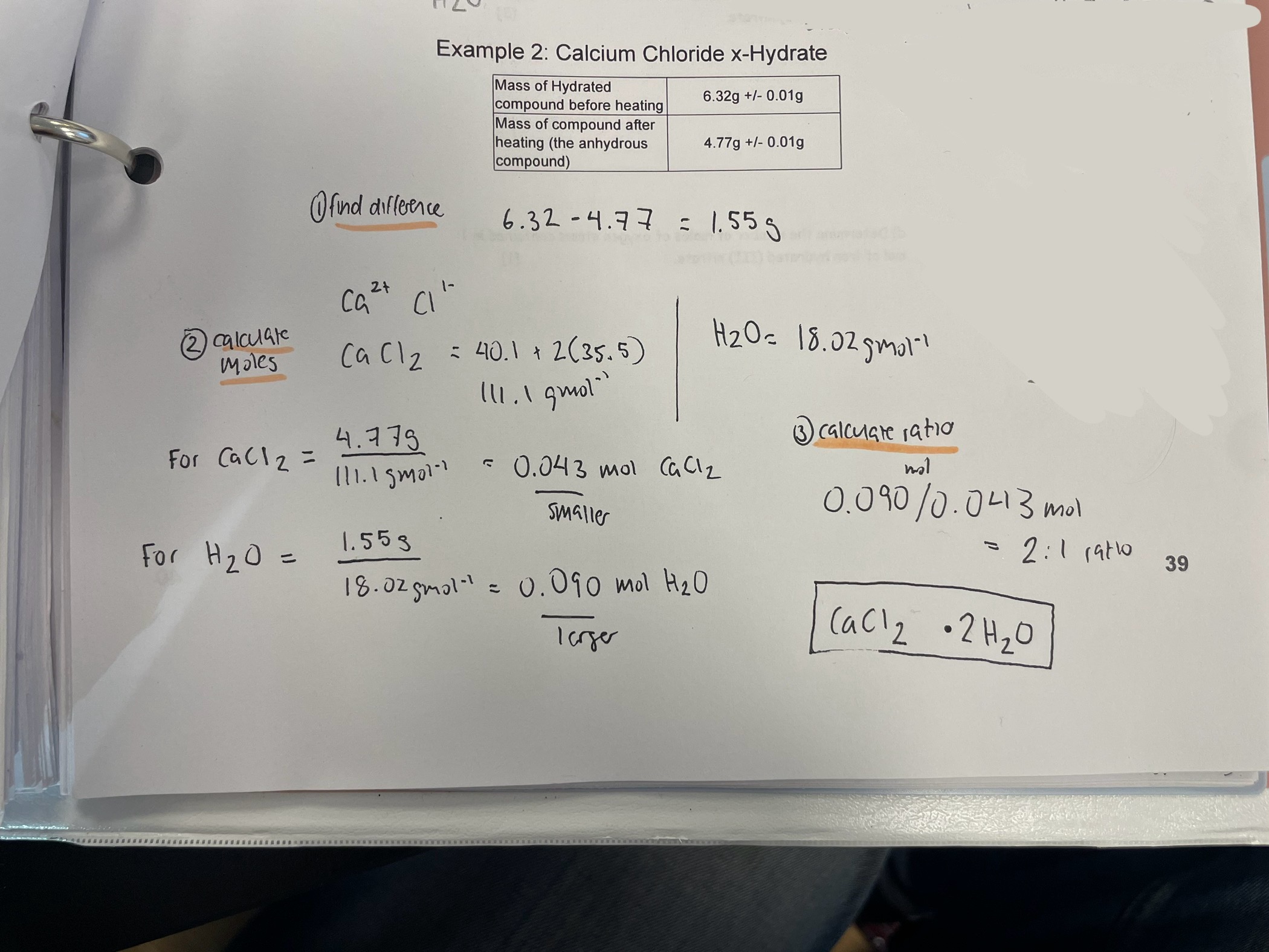 <ol><li><p>Determine mass of anhydrous (ionic compound without water) ionic compound and the mass of the water</p></li><li><p>Determine # of moles in the anhydrous ionic compound and # of moles of water</p></li><li><p>Divide the number of water moles by the moles of the ionic compound. This gives the number of moles of water per 1 mole of ionic compound, which is the coefficient of water in the chemical formula.</p></li></ol>