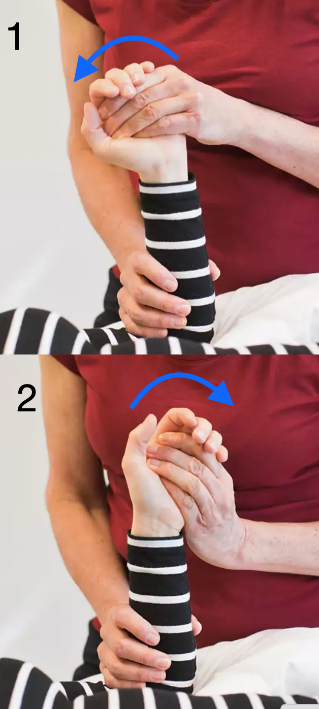 <p>Stabilisera underarmen med en hand och fatta tag i patientens hand med din andra hand.</p><ol><li><p>Radialdeviation: Böj handleden åt tummens håll</p></li><li><p>Ulnardeviation: Böj handleden åt lillfingrets håll</p></li></ol>
