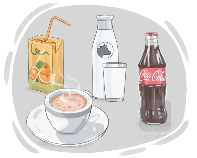 <p>(n.) <strong>đồ uống</strong></p><p>any type of drink except water</p><p><span style="color: blue;"><strong><em><span>→ Soft drinks are sugary ______ that should be consumed in moderation.</span></em></strong></span></p>