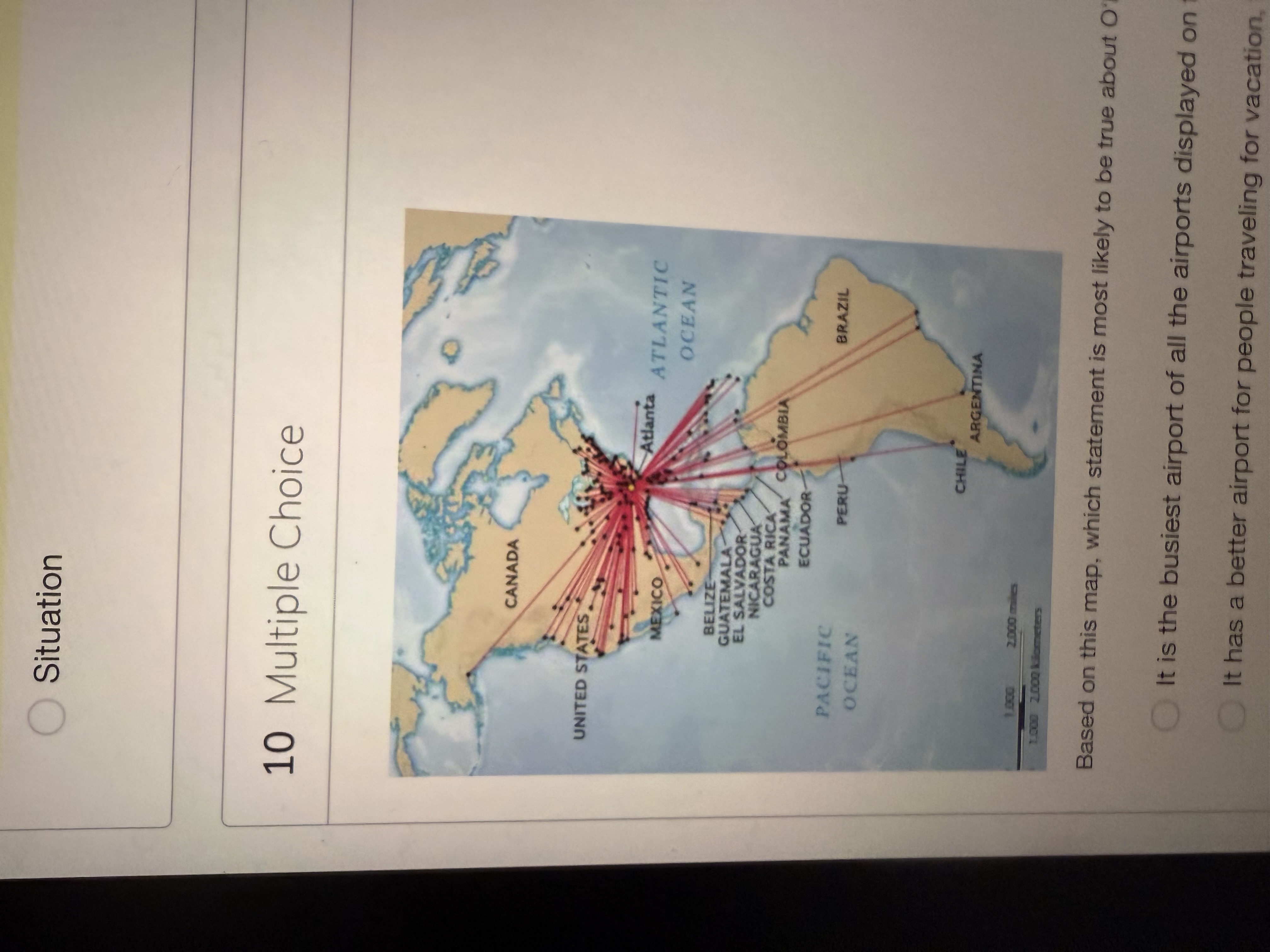 <p>Based on this map, which statement is most likely to be true about O’Hare airport in Chicago</p>