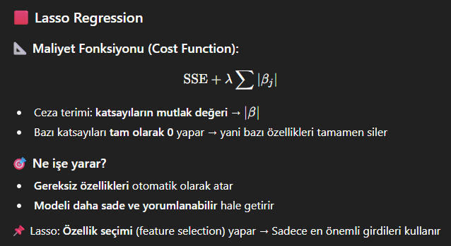 <ul><li><p>Penalty term proportional to <strong>absolute value of coefficients</strong></p></li><li><p><strong>Some of the parameters are set to exactly 0 with increasing tuning parameter</strong></p><ul><li><p>Selection of most important features</p></li><li><p>Increased model interpretability</p></li></ul></li></ul><p></p>