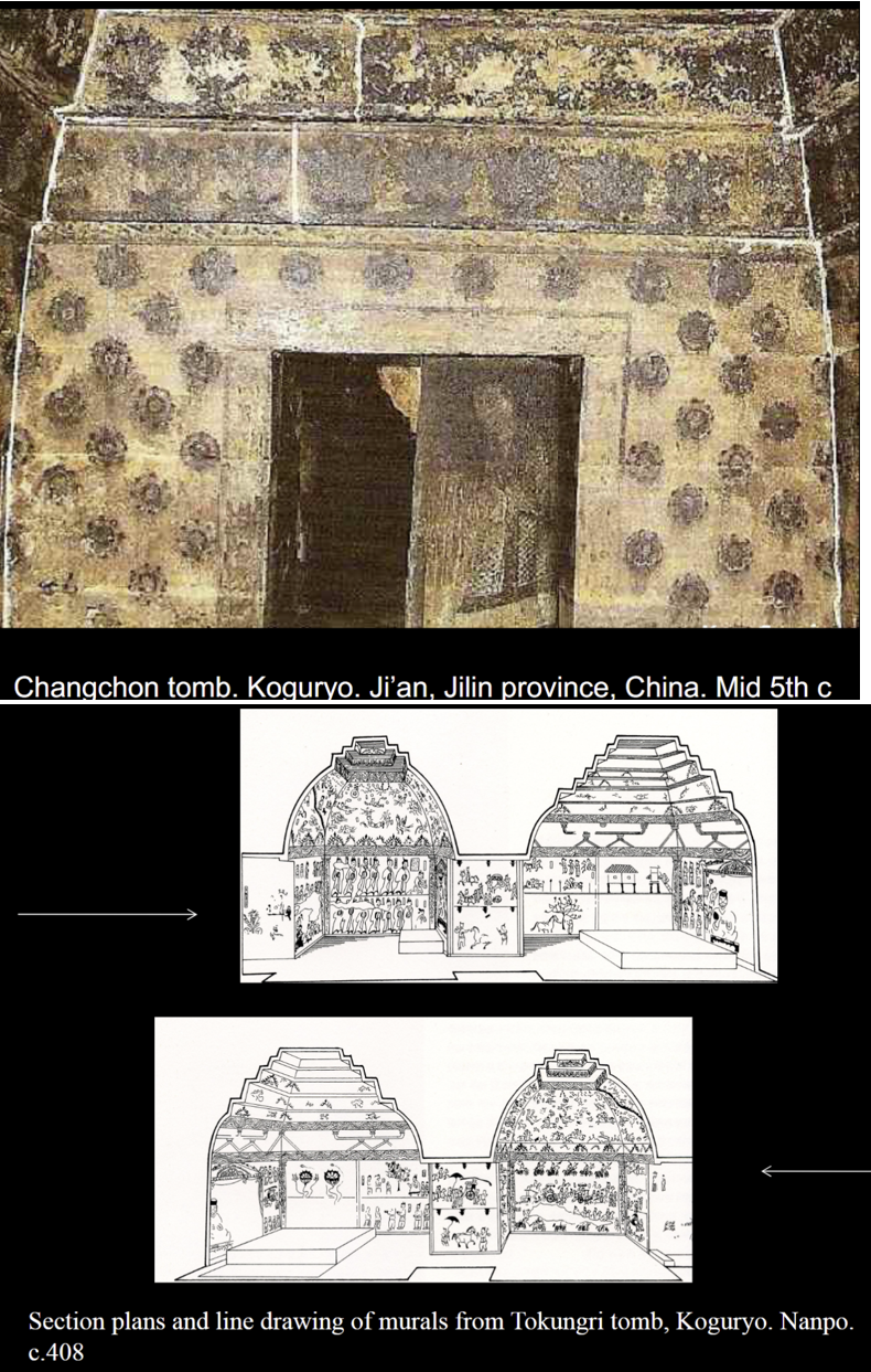 <p><span style="color: rgb(0, 0, 0);">Tomb of Twin Pillars, Koguryo, Nampo,present-day N. Korea. late 5 th c .</span></p><p></p><ul><li><p><span style="color: rgb(0, 0, 0);">Koguryo was earliest receiver of Buddhism</span></p></li><li><p><span style="color: rgb(0, 0, 0);">Interactions with chinese dynasties; relations with Former Qin, they came back with icons and texts, in 374 Chinese monk came to koguryo courts</span></p></li><li><p><span style="color: rgb(0, 0, 0);">Tokungri tomb has lotus flowers in rear chamber (important because it holds the body)</span></p></li><li><p><span style="color: rgb(0, 0, 0);">Iconography of the&nbsp;“seven treasures” and the abode of the Wheel-Turning King (ruled the world, semi-divine king, peace governing)&nbsp;</span></p></li><li><p><span style="color: rgb(0, 0, 0);">Changchon tomb: When lotus as a symbolic icon becomes used as ornaments, it shows how popular the belief system became</span></p></li><li><p><span style="color: rgb(0, 0, 0);">Human figures birthing from lotus</span></p></li><li><p><span style="color: rgb(0, 0, 0);">Two tier wall with mural of Buddha and tomb occupant; tomb occupant has prominent mandorla and dais and has ritual gesture of people bowing to it.&nbsp;</span></p></li></ul><p></p>