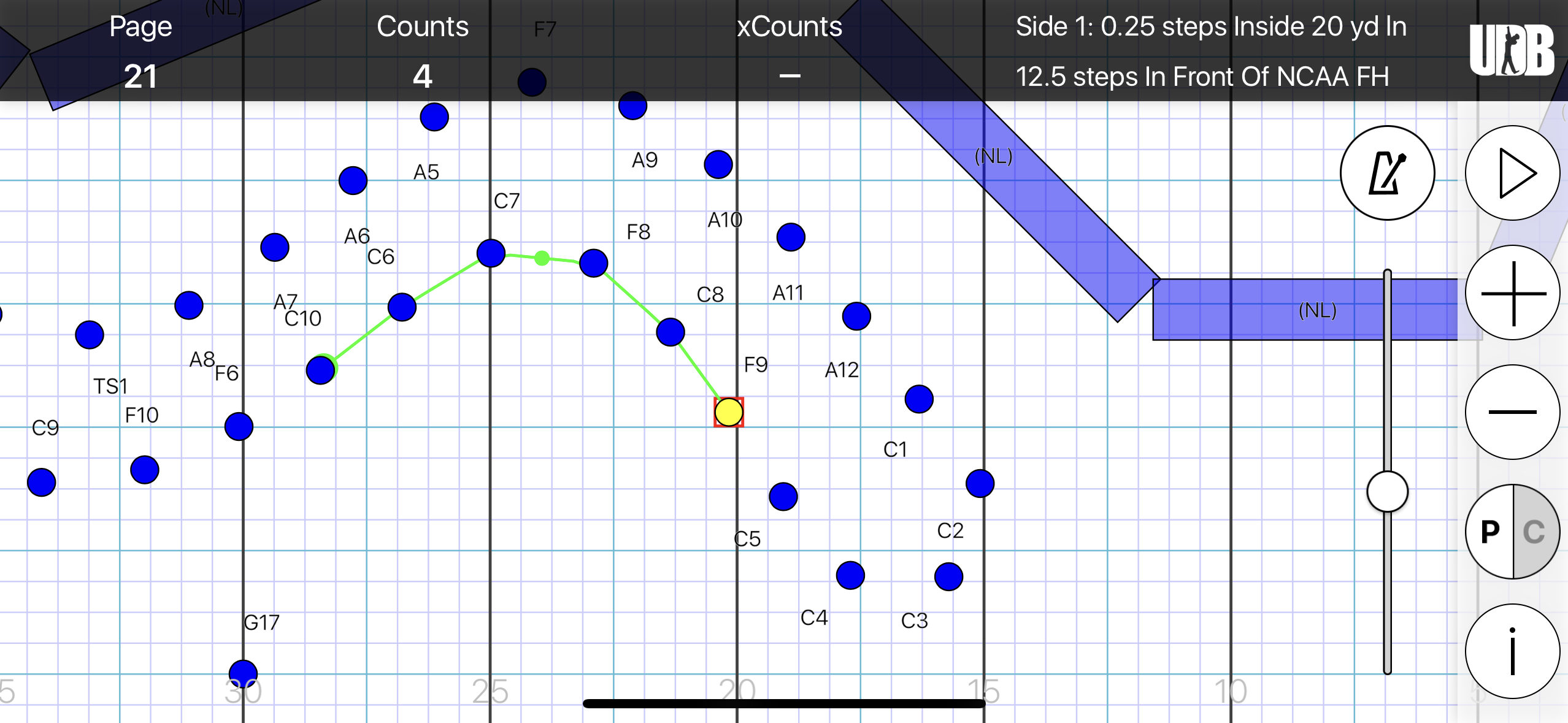 <p>STS: Side 1, 0.25 steps inside 20 yd ln</p><p>FTB: 12.5 steps in front of FH</p><p>SS: Hold for 4 counts</p><p>XC: 12</p>