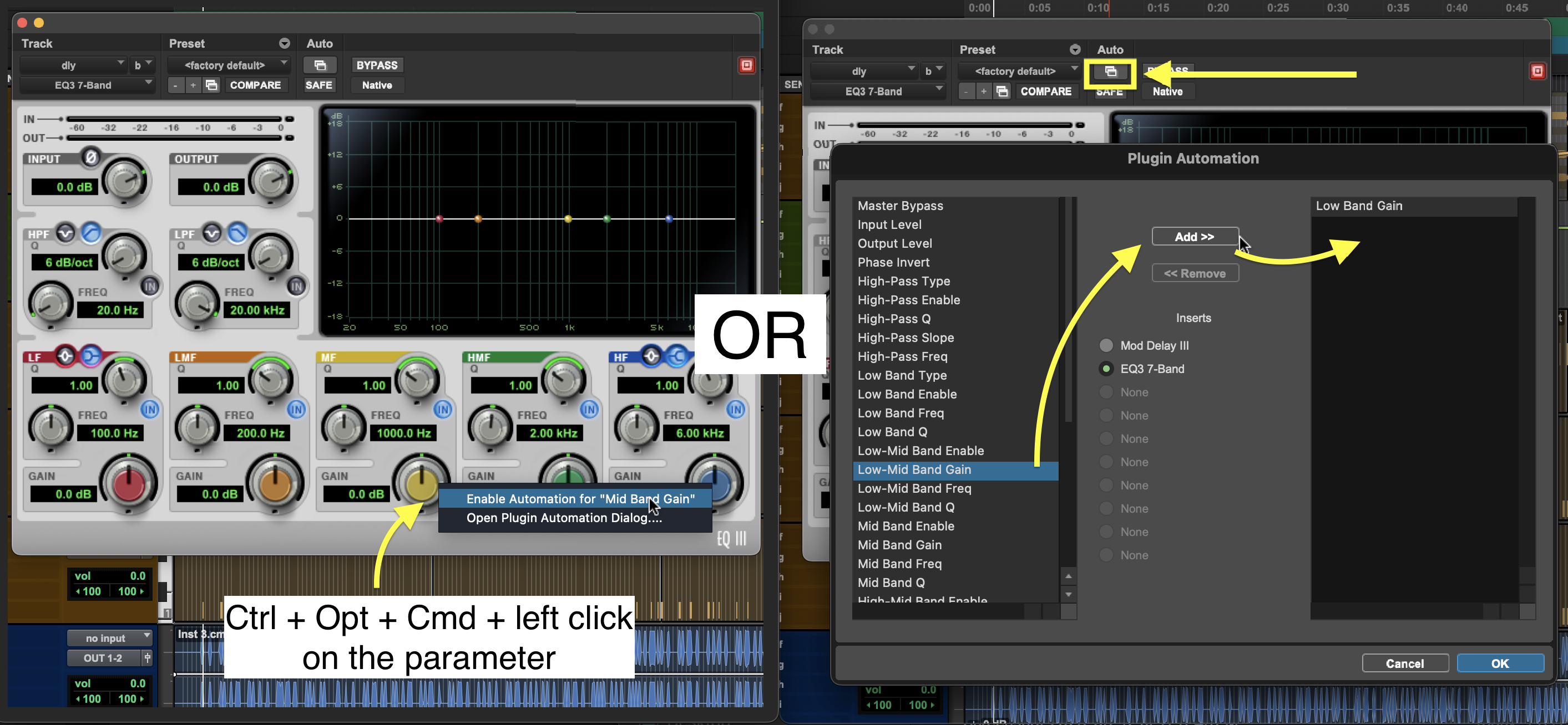 <ol><li><p>Hold Ctrl + Opt + Cmd and click on the parameter to enable/disable automation.</p></li><li><p>Click on the Auto menu button at the top of the plugin window to open the Plugin Automation menu and add the parameter there.</p></li></ol><p></p>