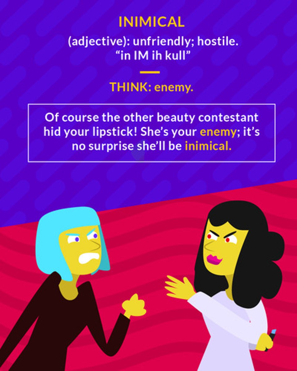 <p>(adj.) hostile, unfriendly</p><p>(adj.) unfriendly</p>