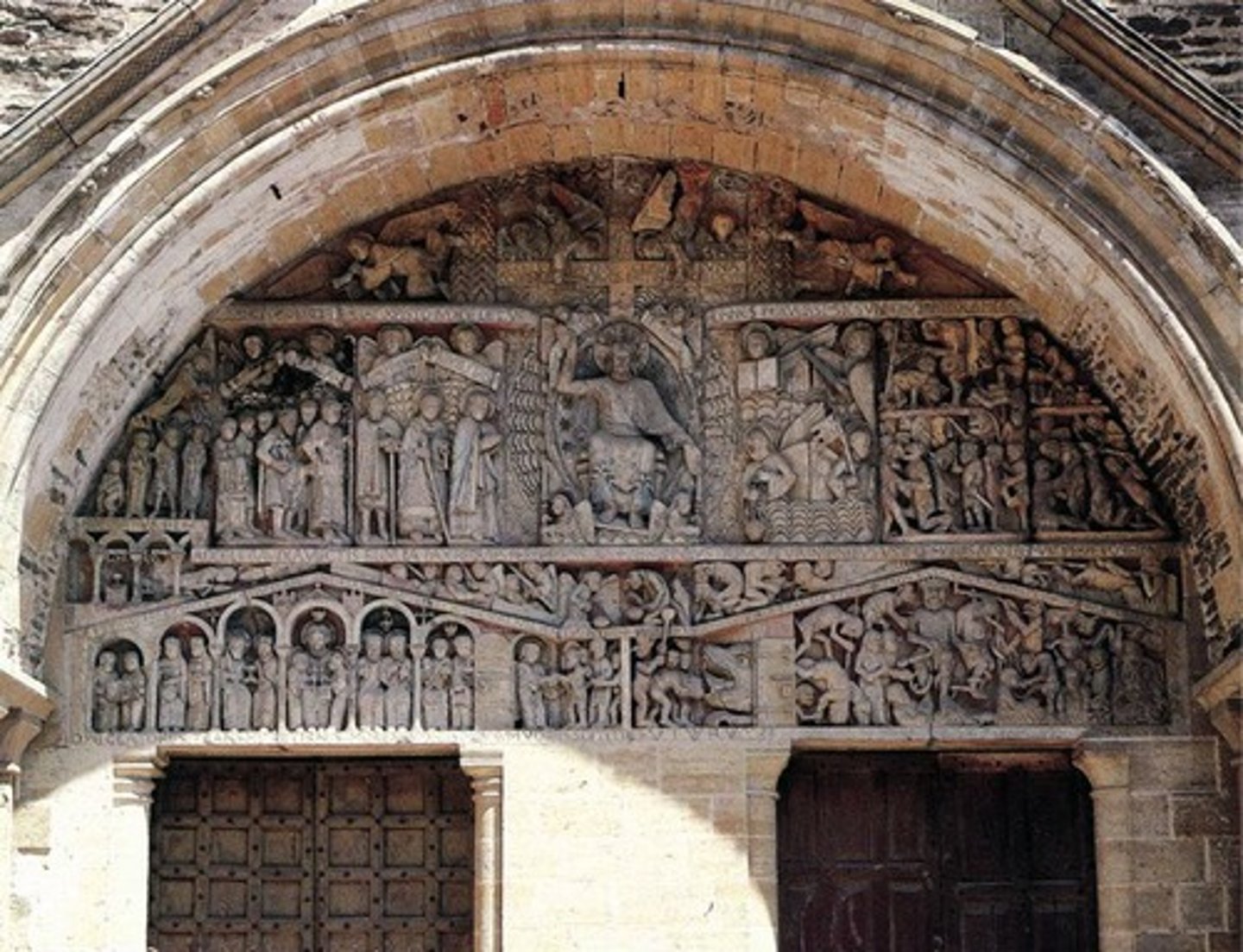 <p>In the lower left side of the tympanum, the church’s namesake, Saint Foy, is depicted kneeling before the outstretched hand of God in order to</p><p>A</p><p>inspire visiting pilgrims to similarly adopt humble reverence before the hand of God</p><p>B</p><p>inform visiting pilgrims of the tragedy of her death and her resulting sainthood</p><p>C</p><p>remind visitors that they should approach the altar on their knees</p><p>D</p><p>prepare visitors that they should also expect to die as Christian martyrs</p>