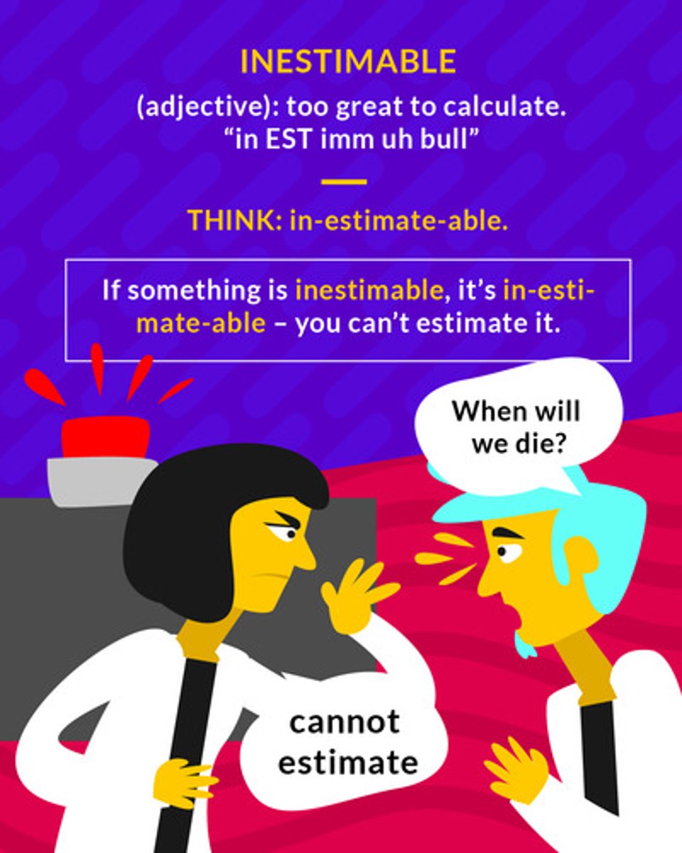 <p>(adj.) too great to calculate</p>
