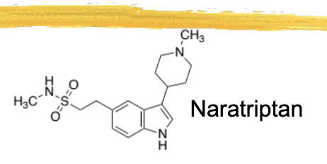 <p>third triptan</p><p>highly lipophilic</p><p>looks similar to sumatriptan, but has a 6 membered nitrogen ring hanging off of the main 5 membered ring</p>