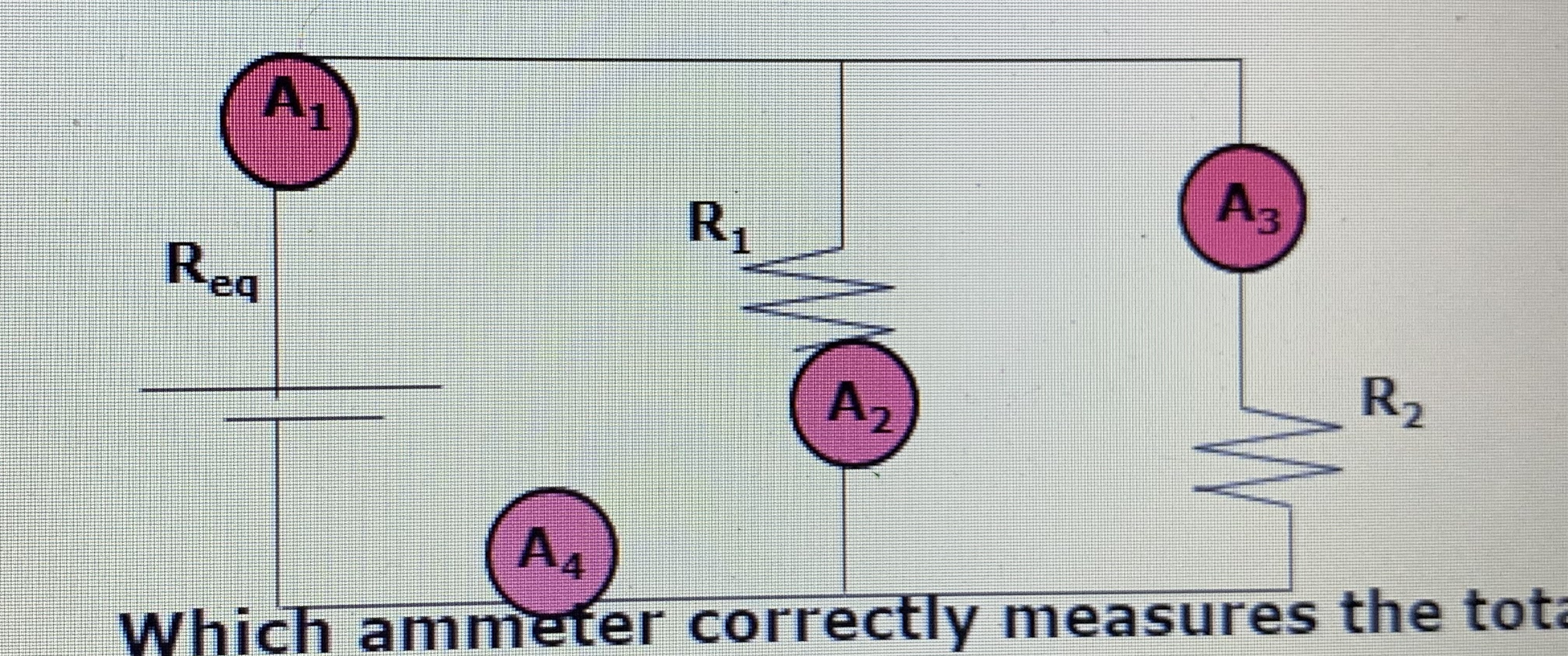 **Which ammeter correctly measures the current flowing through R1?**

**Which ammeter correctly measures the current flowing through R2?**​

**Which ammeter correctly measures the total current?**​​