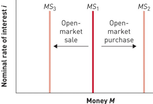 <ul><li><p><span>Central Bank sets the money supply at MS1</span></p></li><li><p><span>An open-market purchase increases the money supply curve to MS2</span></p></li><li><p><span>An open-market sale reduces the money supply and shifts the money supply to MS3</span></p></li></ul><p></p>