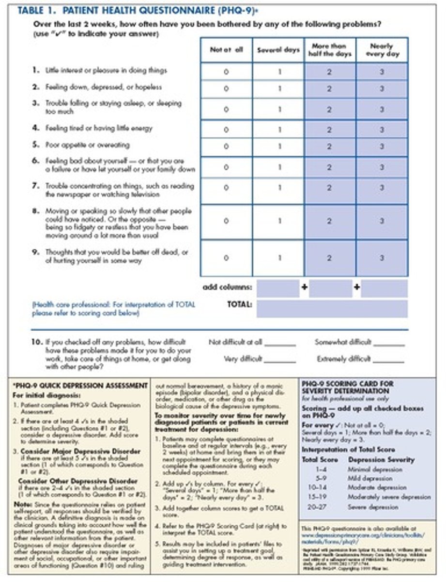 <p>Who receives: anybody feeling consistently down</p><p>Aimed to prevent: reoccurance</p><p>Screening Frequency: anytime after age 11</p>