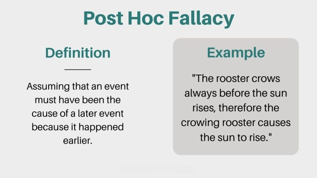 <p><span>a fallacy that occurs when reasoning takes the form of after this therefore because of this</span></p>