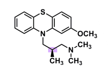 <ul><li><p>pharmacophore: phenothiazine</p></li><li><p>EDG @C2 </p><ul><li><p>less lipophilic → lower CNS side effects </p></li><li><p>polar substituent → decreased half-life and potency </p></li></ul></li></ul><ul><li><p>methyl group of 3C spacer </p><ul><li><p> R-enantiomer active (also analgesic) </p></li></ul></li></ul><p></p>