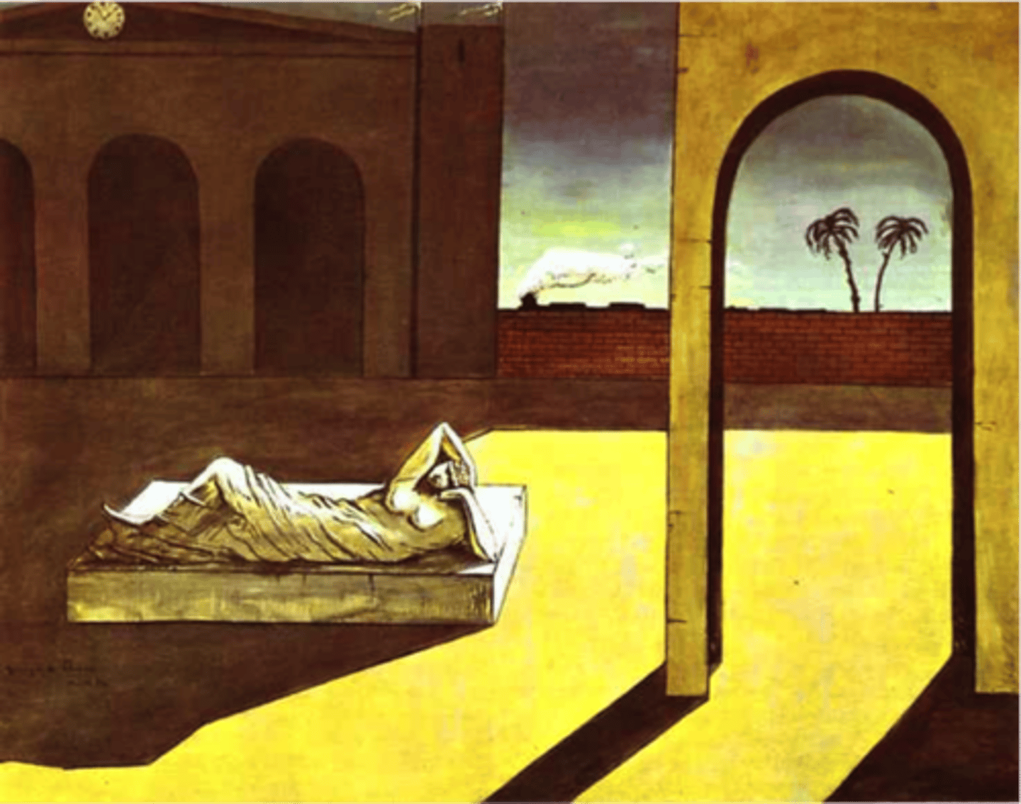 <p>metaphysical painting movement <br>- combines dreamlike and surreal elements<br>- mystery and unease<br>- strong shadows <br>- symbolism<br>- unusual perspectives and distorted forms</p>