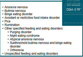 <p>a disorder characterized by a <strong>persistent disturbance </strong>of eating or eating-related behaviour that results in the <strong>altered consumption or absorption of food </strong>and that <strong>significantly impairs physical health or psychological functioning</strong></p>
