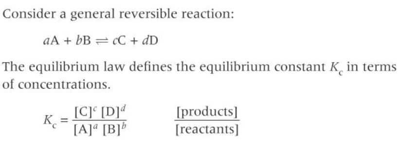 <p>equilibrium law defines the equilibrium constant Kc in terms of concentrations</p>