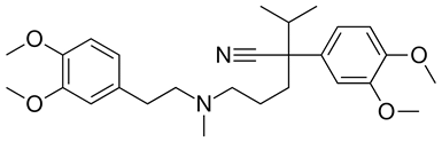 <p>Bad bioavailability and t1/2 but got a SR version for longer</p><p>Depend on CYp3A4 oxidation to norverapamil (active metab)</p><p>Calan is brand name</p><p>To metabolize turn the CH3 on the middle plain nitrogen to just a H</p>