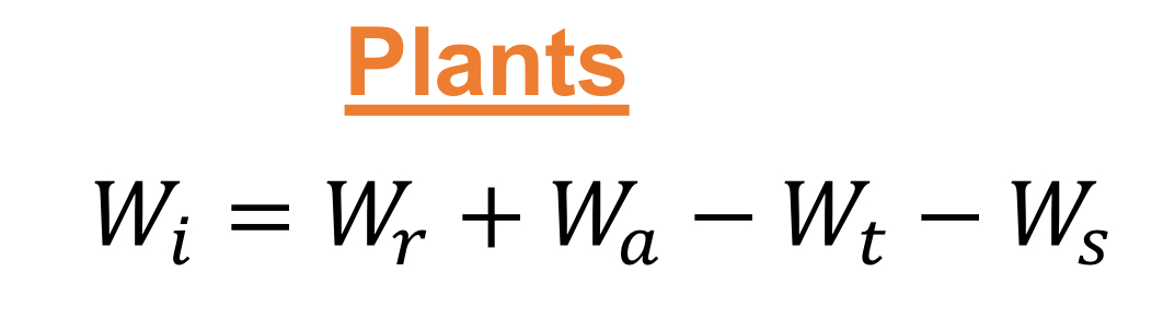 <p>What do each component of the Water budget equation for TERRESTRIAL PLANT systems represent?</p>