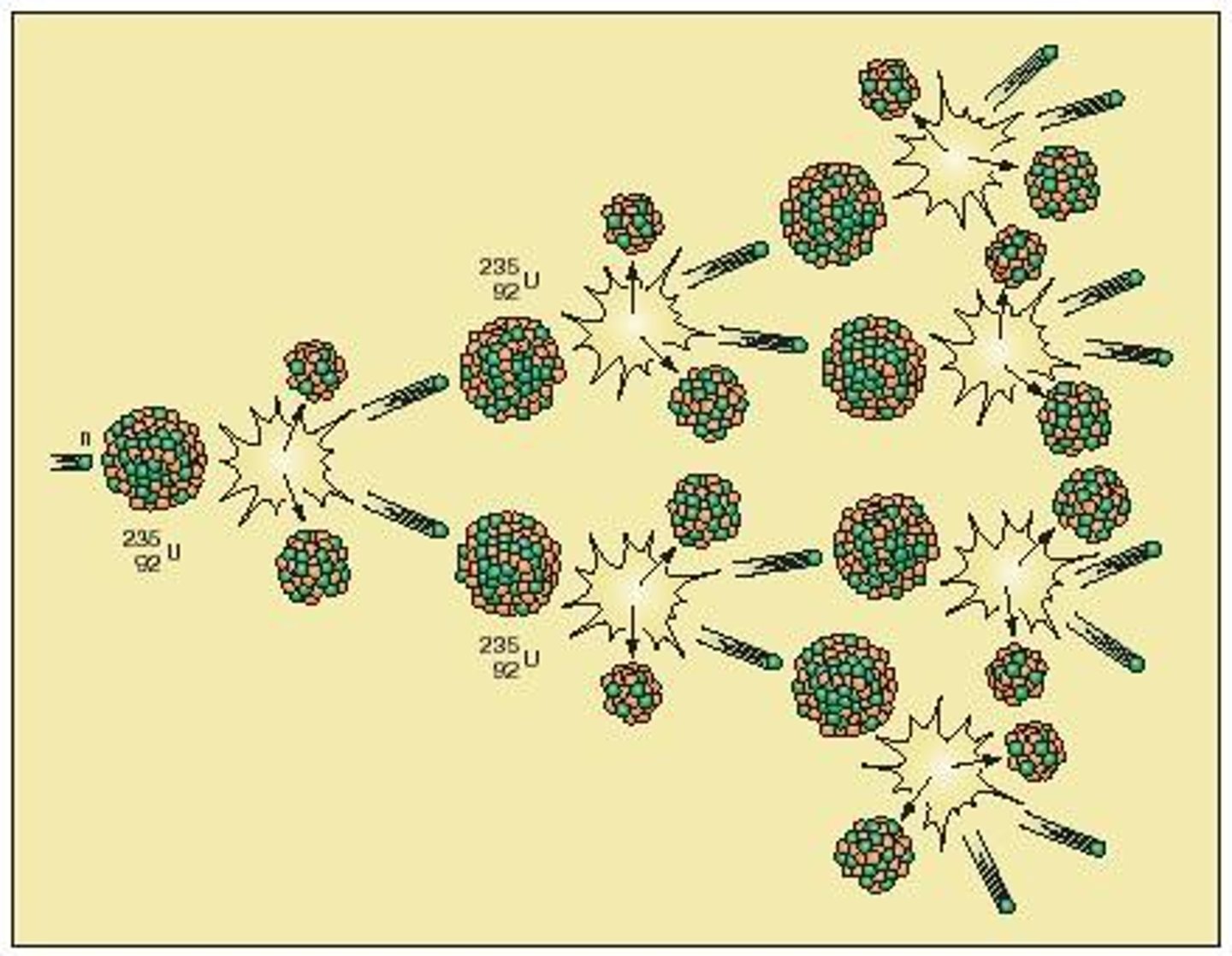 <p>the splitting of a uranium atom into 2 smaller atoms that generates large quantities of energy</p>