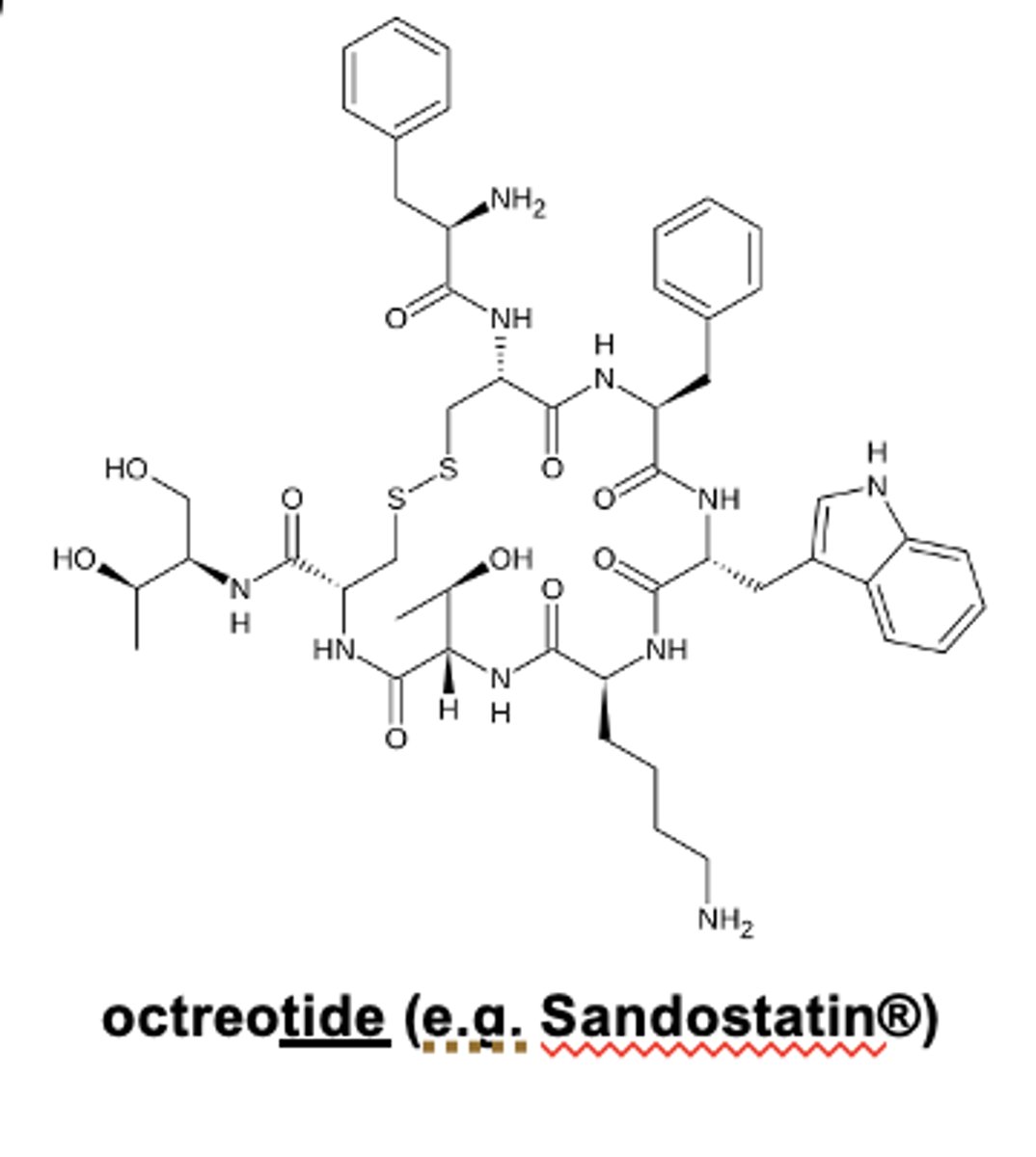 <p><strong>eptifiba<span style="text-decoration:underline">tide</span></strong> (Integrilin®), <strong>octreo<span style="text-decoration:underline">tide</span></strong> (e.g. Sandostatin®)</p>