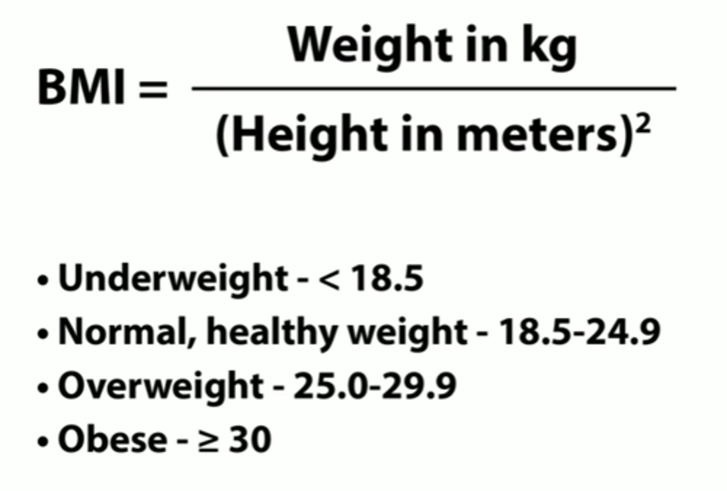 <p>weight (kg) / height (m^2)</p><p>lb → kg = lb/2.2</p><p>ft → in</p><p>in → cm = in x 2.54</p><p>cm → m = cm/100</p><p>m^2</p>