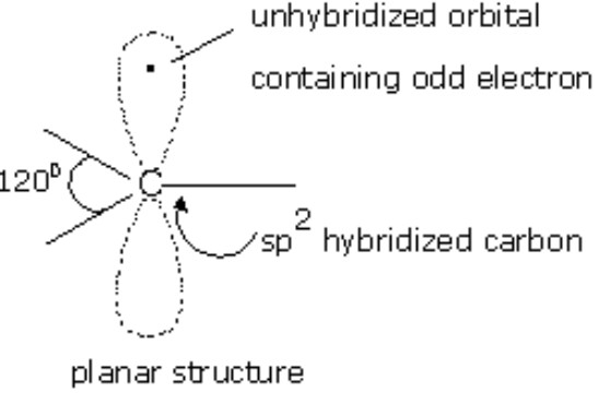 <p>Trigonal planar, sp2 with a half-filled p orbital </p>