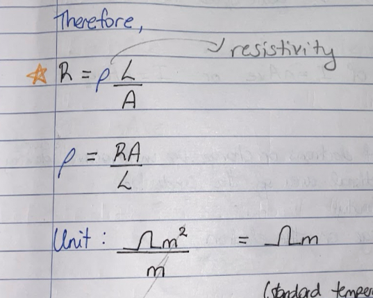 <p>Resistivity (<strong><em>ρ</em></strong>) is the <strong>resistance</strong> of a material <em>per unit length</em> and <em>cross-sectional area.</em></p><p></p>