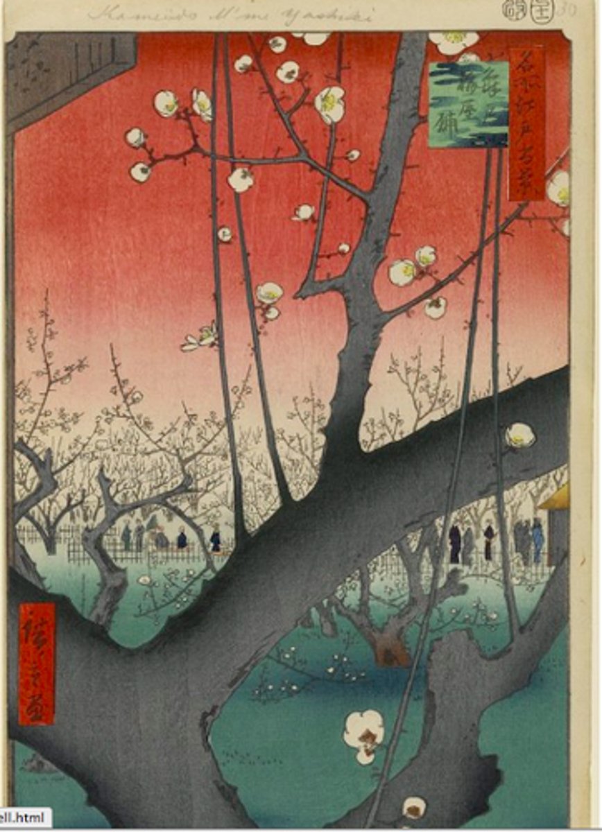 <p>Japanese prints inspired western artists in terms of composition, color, and texture. Gauguin used flat colors and tree structure durectly inspired by Kiroshige's plum estate. Van gogh is also inspired by the colors and composition of japanese works. Degas' subject matter and composition were inspired by Japanese prints.</p>