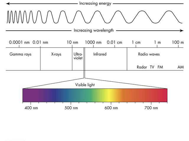 <p>Radio waves, Microwaves, Infrared, Near Infrared, Visible light, Ultra-violet, X-rays, and Gamma Rays</p>
