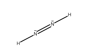 <p>Answer: see attached image<br><br>Explanation:&nbsp;Each nitrogen atom contributes 5 valence electrons, and each hydrogen atom contributes 1. The correct structure of this molecule utilizes 12 valence electrons and allows each nitrogen atom to have a full octet of electrons (bonding and nonbonding) while minimizing the formal charge. A double bond between nitrogen atoms allows for every atom to have a formal charge of 0.</p>