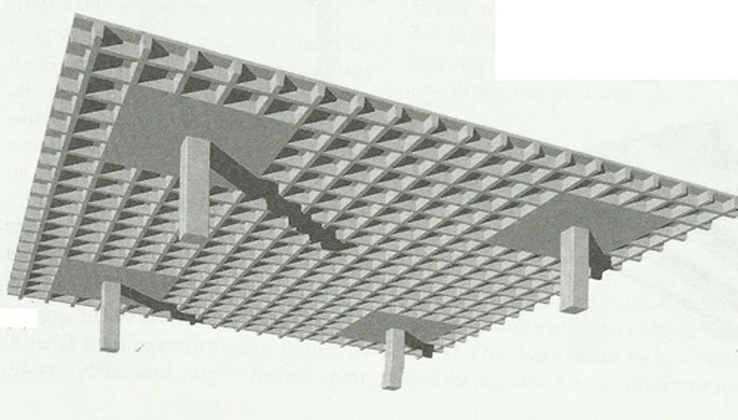 <p>a two-way concrete slab reinforced by ribs in two directions; are able to carry heavier loads and span longer distances than flat slabs</p>