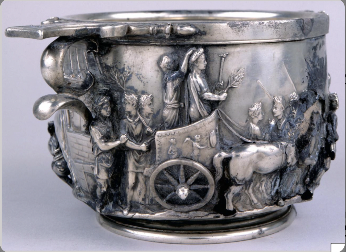 made of silver, could be transmitter of a propaganda, found in hoard of cups that were hidden in Pompeii, bascaralia.