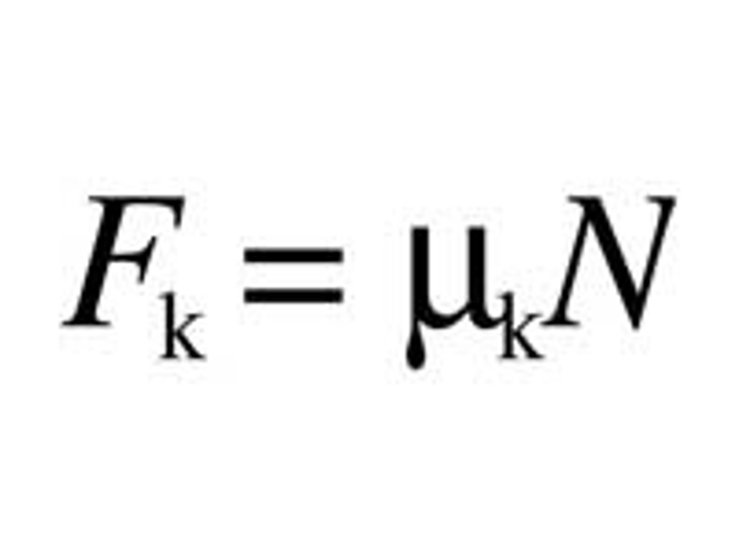 <p>f(k)= u(k)N</p><p>where f(k)=kinetic friction</p><p>u(k)=coefficient of kinetic friction</p><p>N= magnitude of the normal force</p><p>Has constant value, does not depend on surface area in contact or velocity of sliding object. Kinetic friction coefficient is always smaller than the static friction coefficient, showing that it is easier to keep object moving than to start it moving.</p>