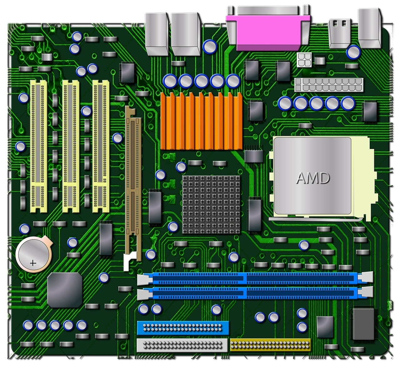 <p>What is this component? A printed circuit board that provides a place to physically house and connect the components of your computer. Transfers electricity between components. Often classified by the speed that they can transfer data in MHz and GHz.</p>