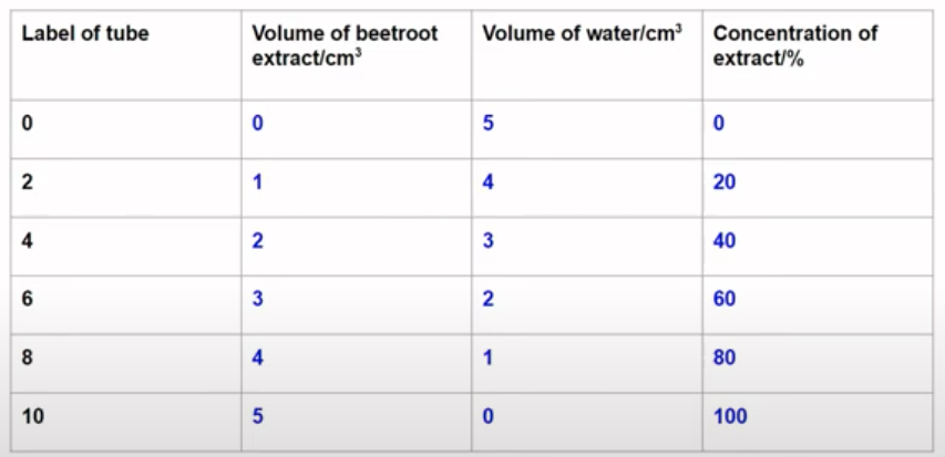 <ul><li><p>use the formula m<sub>1</sub>v<sub>1</sub> = m<sub>2</sub>v<sub>2</sub> to calculate volume of 100% beet solution needed for set % conc</p></li><li><p>then make up the rest of the solution w/ distilled water</p></li><li><p>repeat for each % conc</p></li><li><p>label these standards 0, 2, 4, 6, 8 and 10</p></li><li><p>use a colorimeter to measure absorbance of each of the standards</p></li><li><p>plot calibration curve of extract against absorbance</p></li></ul><p></p>