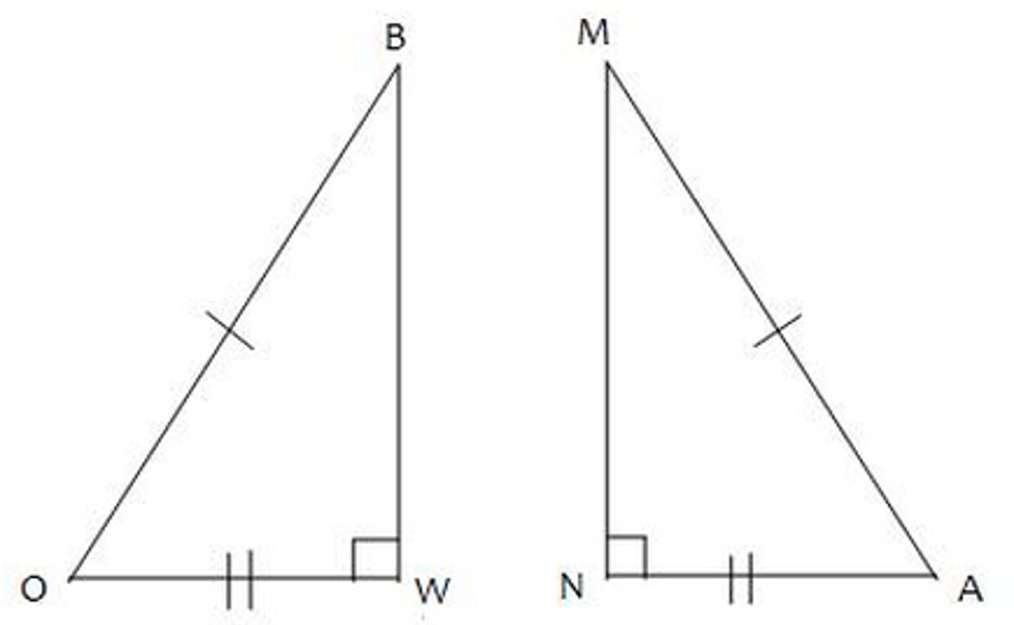 <p>The hypotenuse and one leg of a right triangle are congruent to the hypotenuse and one leg of another right triangle.</p>