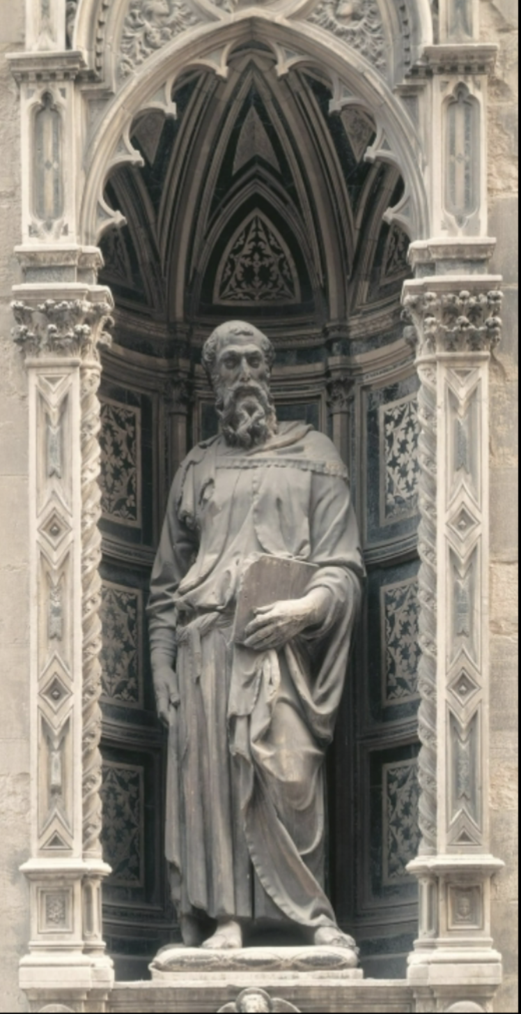 <ul><li><p>Marble, Florence</p></li><li><p>More detail in face</p></li><li><p>Contrapasto pose</p><ul><li><p>Right arm engaged but right leg relaxed, left arm engaged left leg relaxed</p></li></ul></li><li><p>Commission of this was a competition between the guide</p><ul><li><p>Competition led to high output of art in the renaissance</p></li></ul></li><li><p>this artist altered it so that it looks better when looking at it from below since it was on an upper niche</p><ul><li><p>Neck longer, etc.</p></li></ul></li></ul>