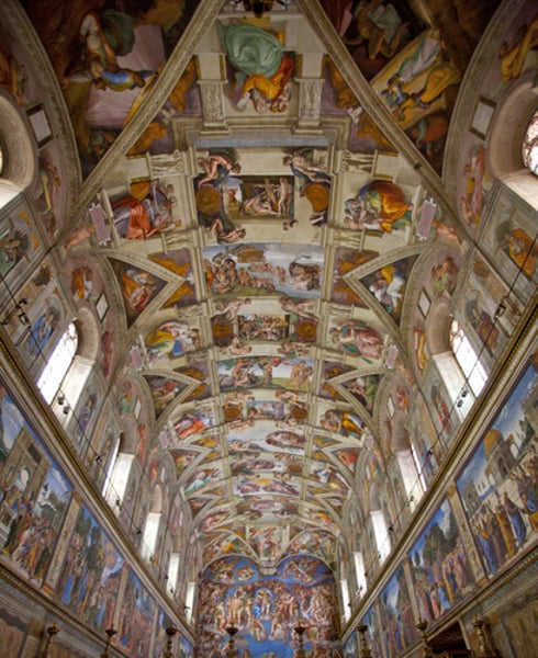 <p>Michelangelo<br>Commissioned by Pope Julius the 2nd<br>Story of Genesis<br>God as father<br>Eve in the heavenly realm</p>