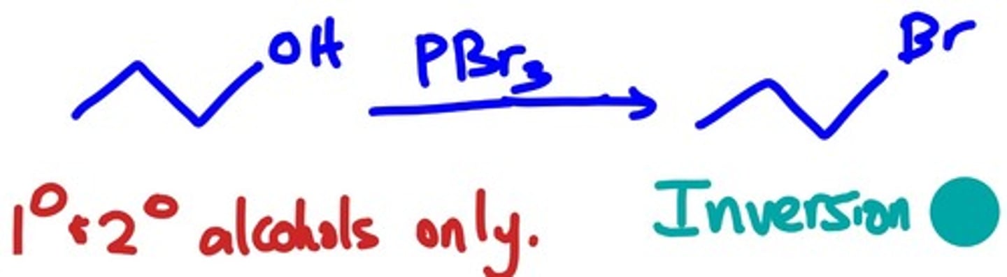 <p>Substitutes Br for OH with inverted configuration. Br is a good LG.</p><p>Anti.</p><p>Primary or secondary only.</p><p>Reagent PBr3 (Phosphorus tribromide)</p>