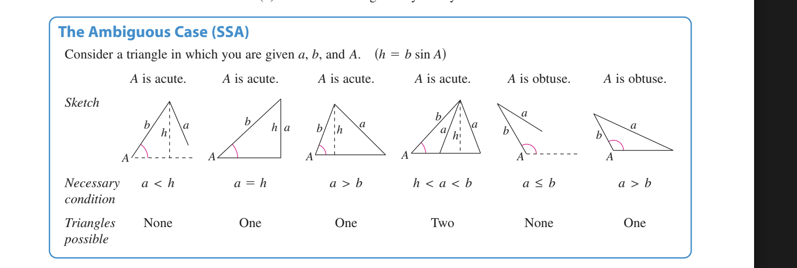 <p>Two angles and one side determine a unique triangle. </p><p><strong><em><u><mark data-color="red" style="background-color: red; color: inherit;">However, if two sides and one opposite angle are given, three possible situations can occur: (1) no such triangle exists, (2) one such triangle exists, or (3) two distinct triangles may satisfy the conditions.</mark></u></em></strong></p><p></p><p>consider a triangle that you are given a,b, A</p><p></p><p></p><p>Key idea </p><p>Drop a height:</p><p><span>h=bsin⁡A</span></p><p>Compare <strong>side <span>a</span></strong> to <strong>height <span>h</span></strong> and <strong>side <span>b</span></strong></p><p></p><p> <span data-name="triangular_ruler" data-type="emoji">📐</span> If <strong>A is ACUTE</strong></p><table style="min-width: 50px;"><colgroup><col style="min-width: 25px;"><col style="min-width: 25px;"></colgroup><tbody><tr><th colspan="1" rowspan="1"><p>Condition</p></th><th colspan="1" rowspan="1"><p># of Triangles</p></th></tr><tr><td colspan="1" rowspan="1"><p><span>a<h </span></p></td><td colspan="1" rowspan="1"><p><strong>0</strong> (no triangle)</p></td></tr><tr><td colspan="1" rowspan="1"><p><span>a=h</span></p></td><td colspan="1" rowspan="1"><p><strong>1</strong> (right triangle)</p></td></tr><tr><td colspan="1" rowspan="1"><p><span>a>b</span></p></td><td colspan="1" rowspan="1"><p><strong>1</strong></p></td></tr><tr><td colspan="1" rowspan="1"><p><span>h<a<bh </span></p></td><td colspan="1" rowspan="1"><p><strong>2</strong> (ambiguous case!)</p></td></tr></tbody></table><p> <span data-name="triangular_ruler" data-type="emoji">📐</span> If <strong>A is OBTUSE</strong></p><table style="min-width: 50px;"><colgroup><col style="min-width: 25px;"><col style="min-width: 25px;"></colgroup><tbody><tr><th colspan="1" rowspan="1"><p>Condition</p></th><th colspan="1" rowspan="1"><p># of Triangles</p></th></tr><tr><td colspan="1" rowspan="1"><p><span>a≤b</span></p></td><td colspan="1" rowspan="1"><p><strong>0</strong></p></td></tr><tr><td colspan="1" rowspan="1"><p><span>a>b</span></p></td><td colspan="1" rowspan="1"><p><strong>1</strong></p></td></tr></tbody></table><p> <span data-name="brain" data-type="emoji">🧠</span> Memory Tip </p><ul><li><p><strong>Only SSA causes ambiguity</strong></p></li><li><p><strong>Two triangles only when A is acute and <span>h<a<bh < a < bh<a<b</span></strong></p></li></ul><p></p><p></p>