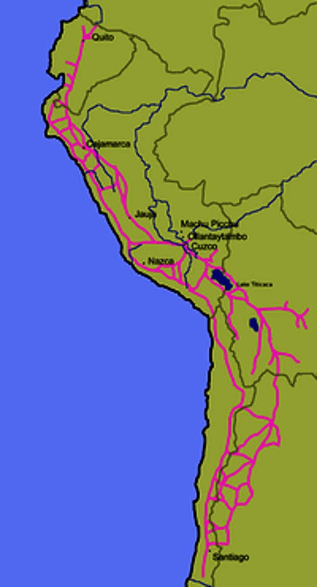 <p>The Inca massive roadway system, consisting of 25,000 miles of road built using captive labor that connected Cuzco with the outlying parts of the empire. Was used mostly by government officials, messengers, and the military.</p>