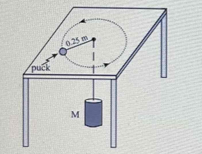 <p>A 0.055kg puck is attached to a 0.150kg mass M by a cord that passes through a hole in a frictionless table, as shown. The puck travels in a circular path of radius 0.25m. <strong>What is the speed of the puck?</strong></p>