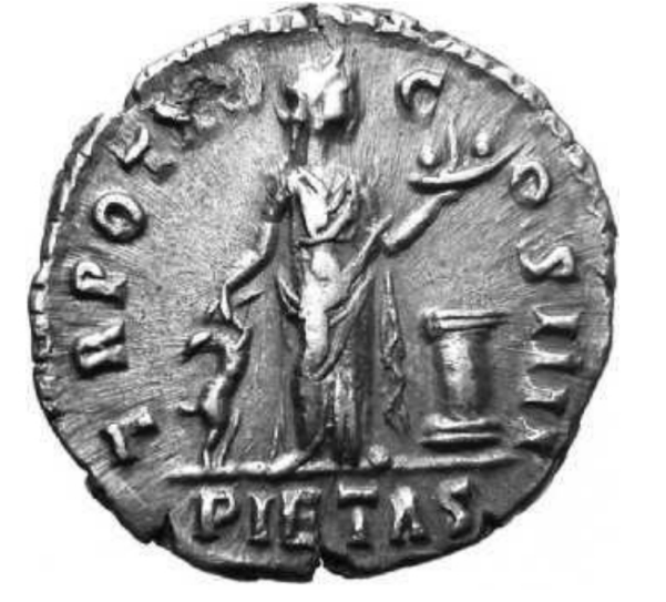 <p>Figure I.2: Who is the labeled goddess shown holding a ritual object over an altar on the coin?</p>
