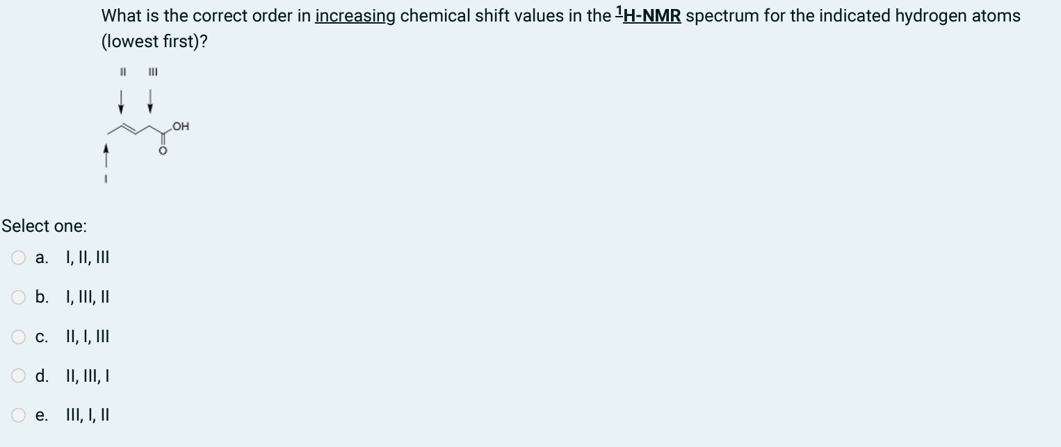 <p>What is the correct order of increasing chemical shift?</p>
