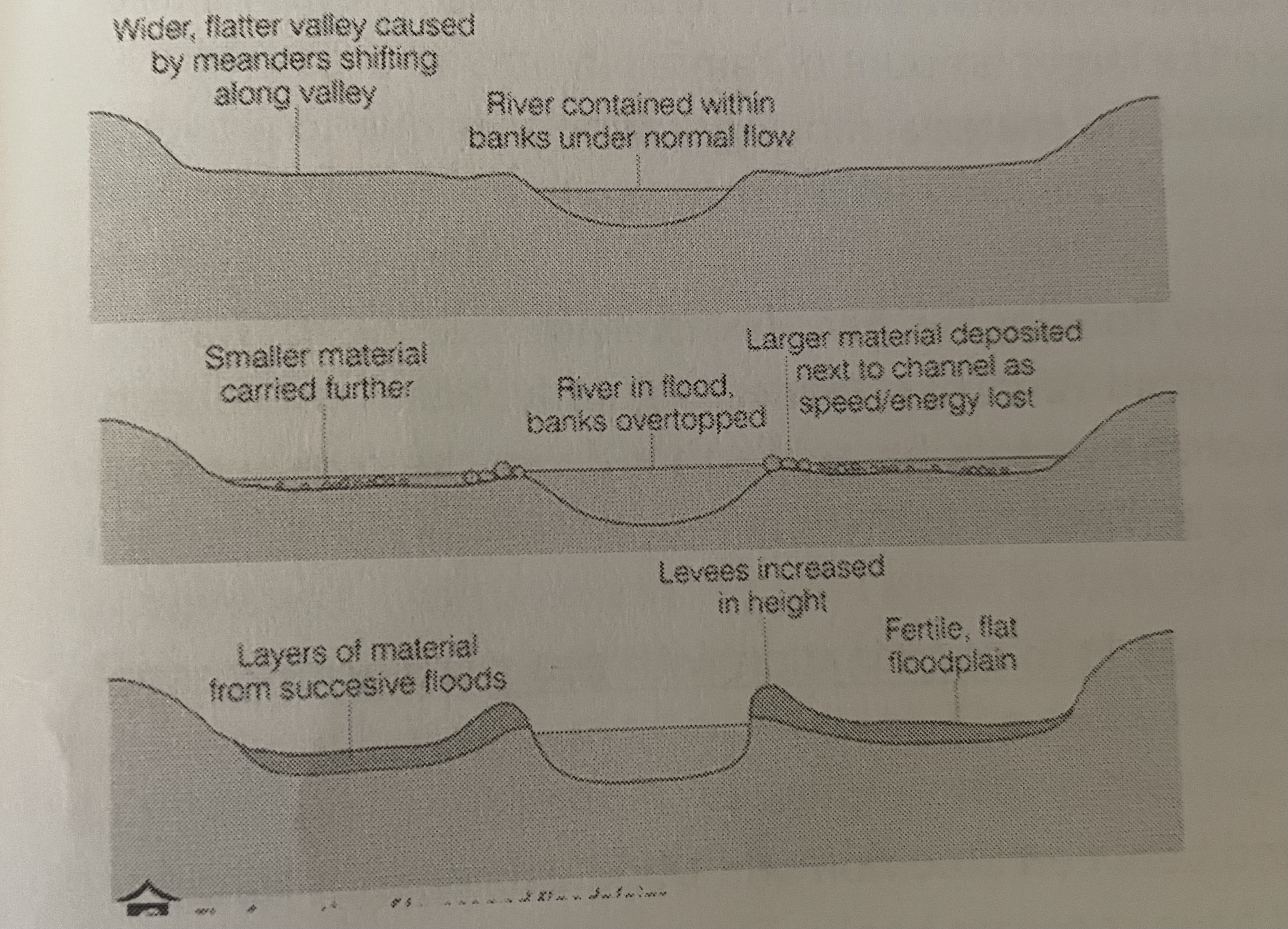 <p>River floods, depositing heavy material close to the channel and finer material further away</p><p>Process repeats</p><p>Layers of heavy sediment build up over time to make a levee</p>