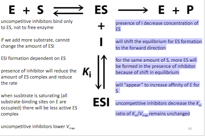 <ul><li><p><span style="font-family: sans-serif">presence of I decrease concentration of ES</span></p></li><li><p><span style="font-family: sans-serif">will shift the equilibrium for ES formation to the forward direction</span></p></li><li><p><span style="font-family: sans-serif">for the same amount of S, more ES will be formed in the presence of inhibitor because of shift in equilibrium </span></p></li><li><p><span style="font-family: sans-serif">will “appear” to increase affinity of E for S</span></p></li><li><p><span style="font-family: sans-serif">uncompetitive inhibitors decrease the Km</span></p></li><li><p><span style="font-family: sans-serif">ratio of Km /Vmax remains unchanged</span></p></li></ul>
