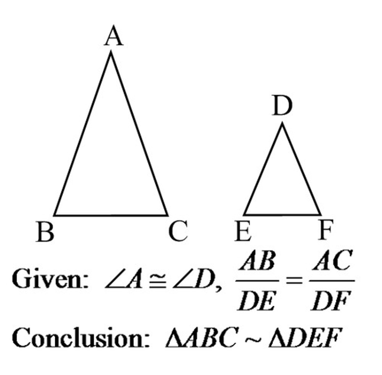 <p>Triangles that have the same shape but are not necessarily the same size; they have equal corresponding angles and proportional side measurements.</p>