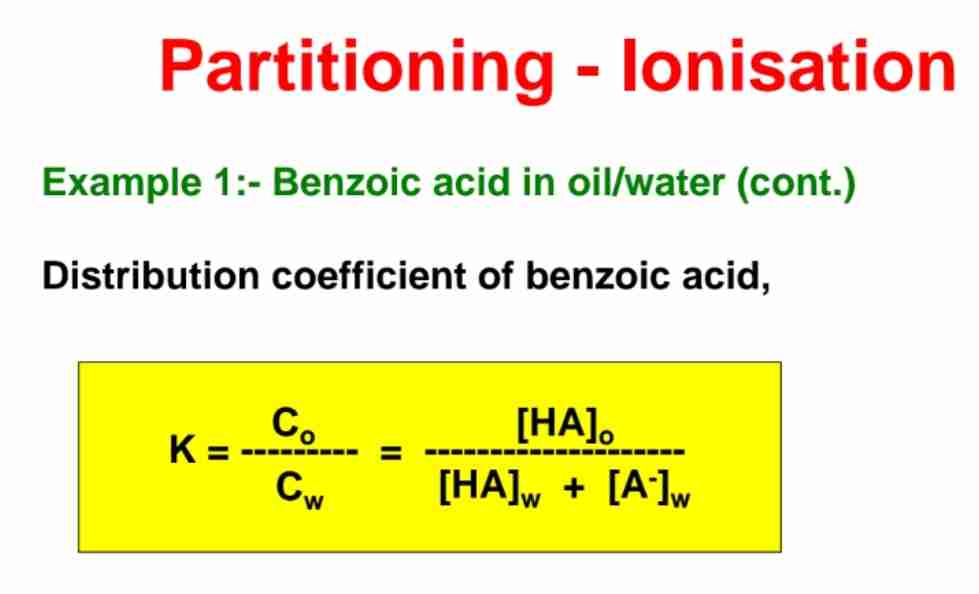 <p>A:K= Co/Cw = [HA]o/[HA]w+[A−]w.</p>